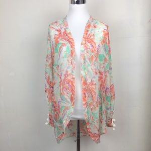 Tropical Floral Kimono with Pom Pom Trim in Coral